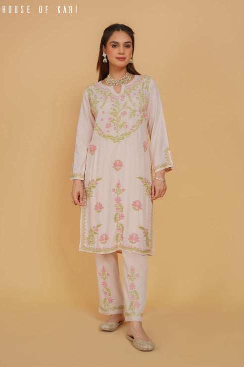 Aarti in Chikankari Kurta Set In Rayon - Beige